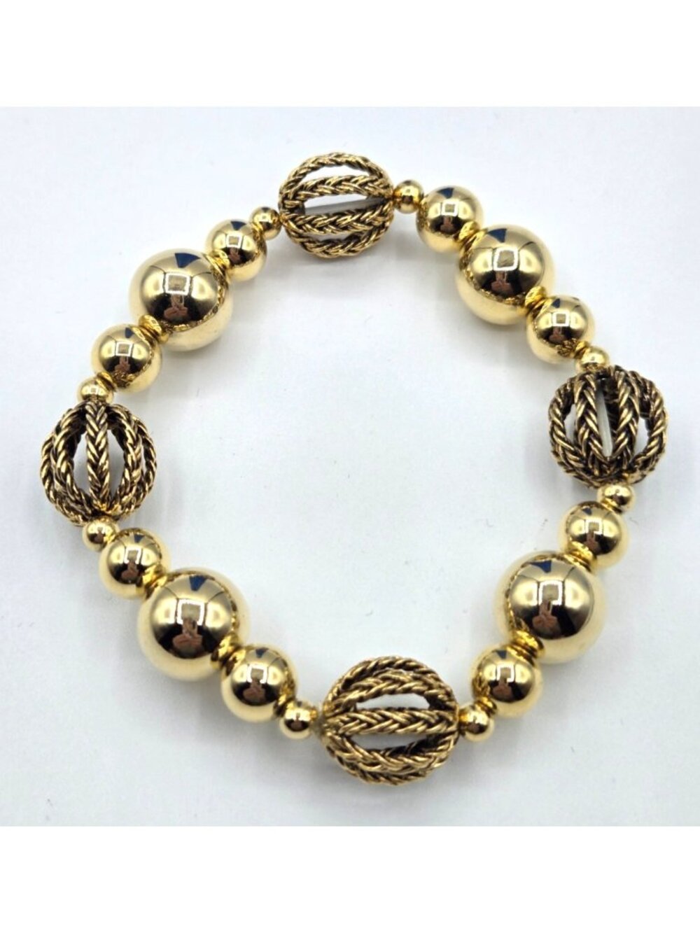 Vintage Gold Tone Gold & Filagree Bead Chain Necklace 16 in & Stretch Bracelet - Picture 6 of 8
